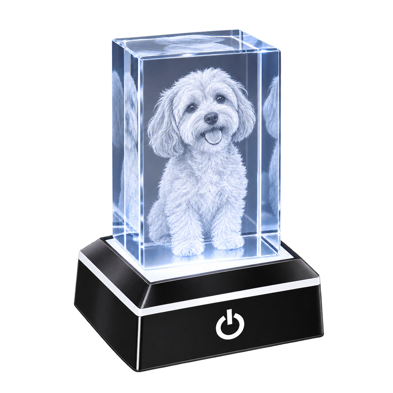 Illustration of an upright 3D engraved pet K9 crystal on a small square LED display base